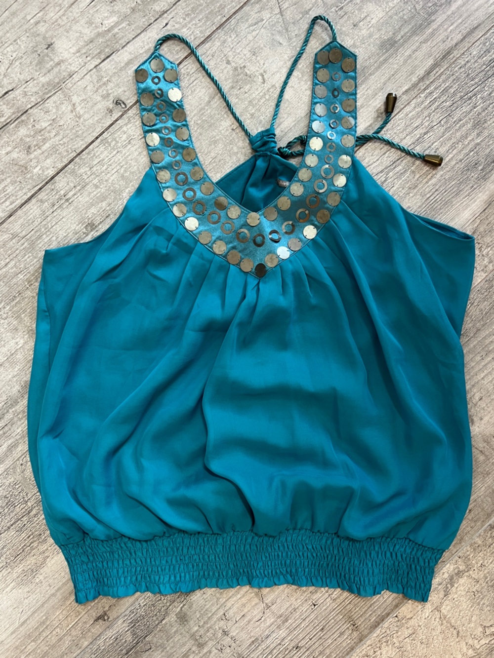 Vintage Y2K Teal Halter Adjustable Tank Top Women Sz L LIKE NEW